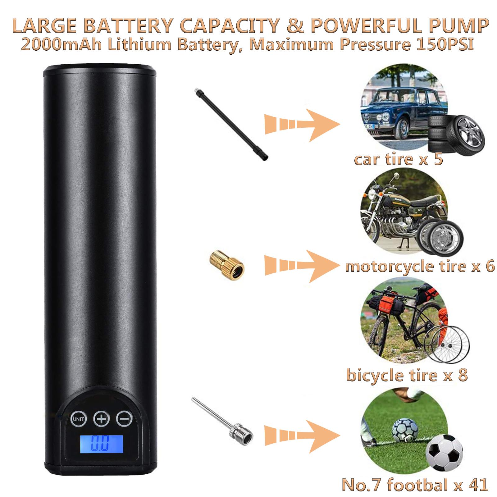 12V 150PSI Air Pump Tire Inflator Handheld 2000mAh Rechargeable Air Compressor with Pressure Gauge LED Lighting Auto