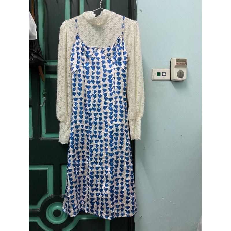 Set áo ren và váy 2 dây sắc màu xanh QC