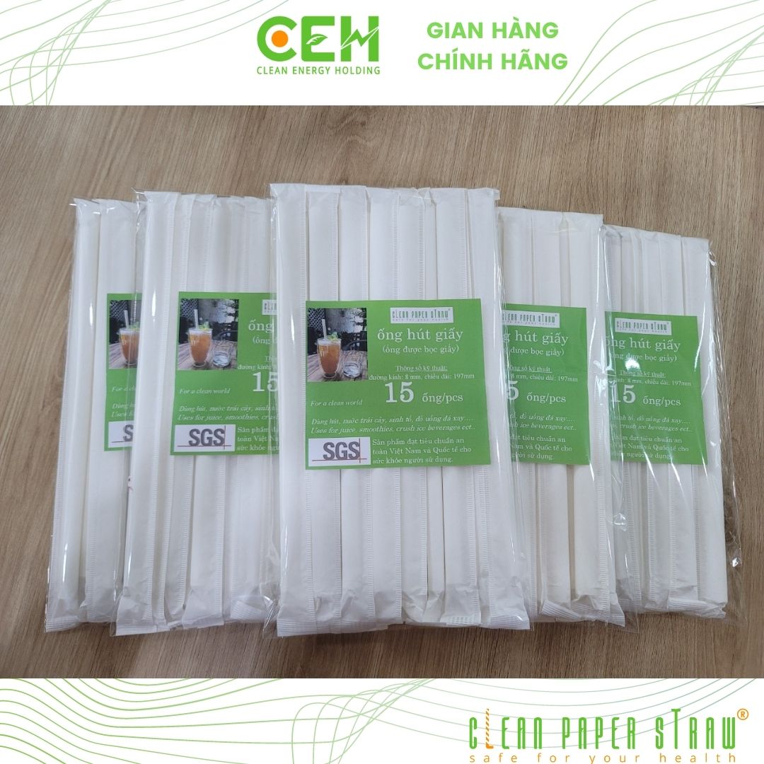 Túi 15 ống hút giấy có bọc 8x197mm màu trắng dành cho sinh tố, đá xay