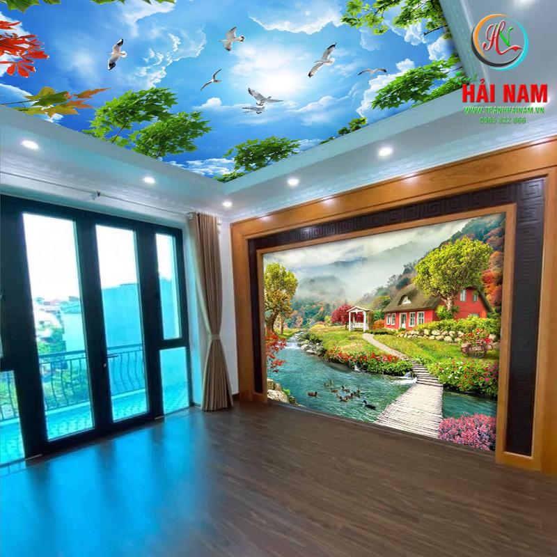 Tranh dán tường 3D trần nhà - vải lụa phủ kim sa