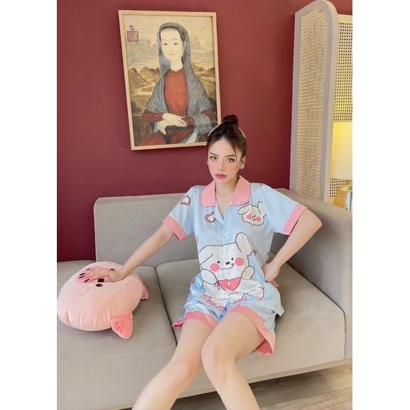 Bộ đồ ngủ Pijama đồ bộ lụa quần đùi cộc tay hoạ tiết thỏ sen kute siêu hot