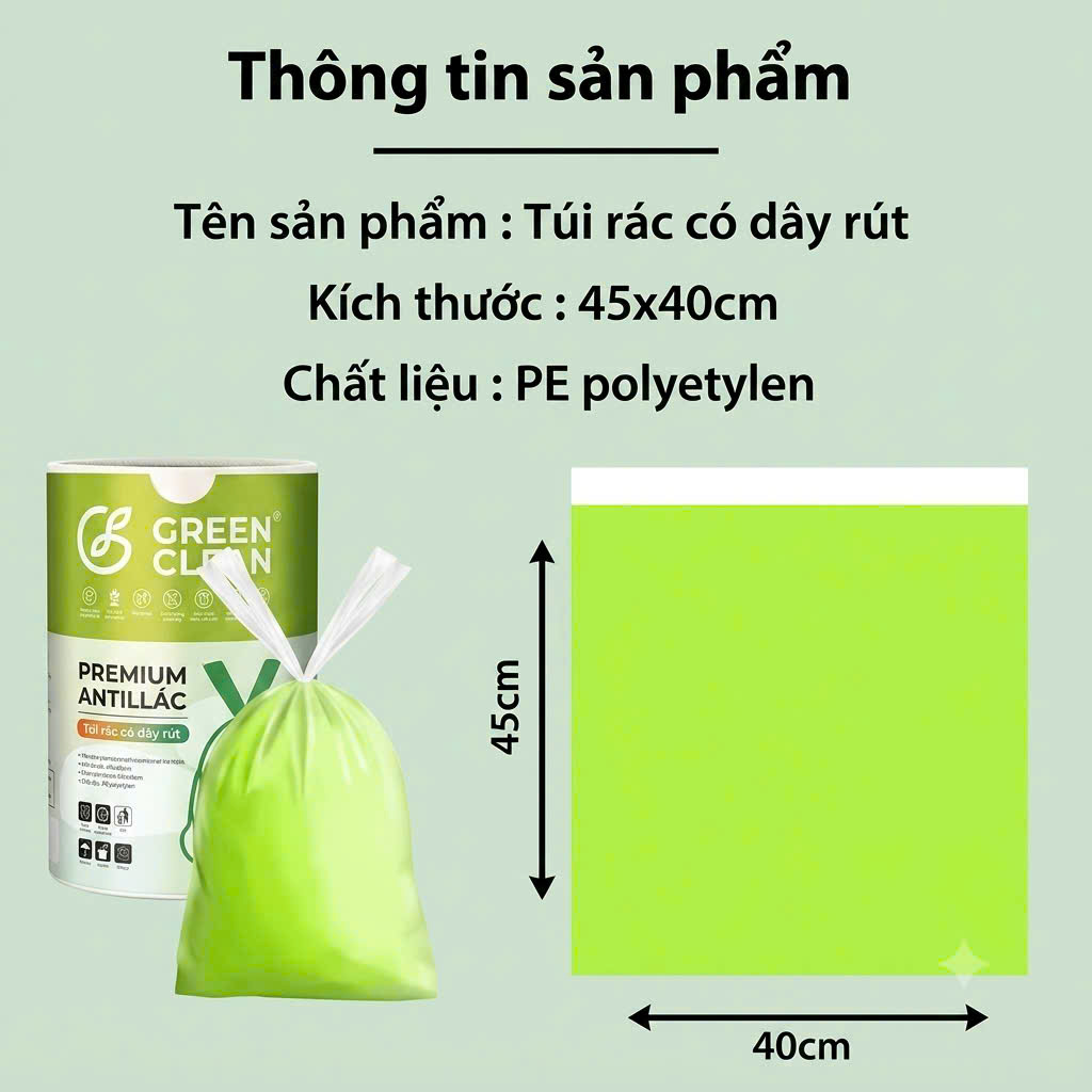 Túi Rác Có Dây Rút, Túi Đựng Rác Ngải Cứu Kháng Khuẩn, Túi Đựng Rác Xanh Lá, COMBO 3 Cuộn 150 Túi