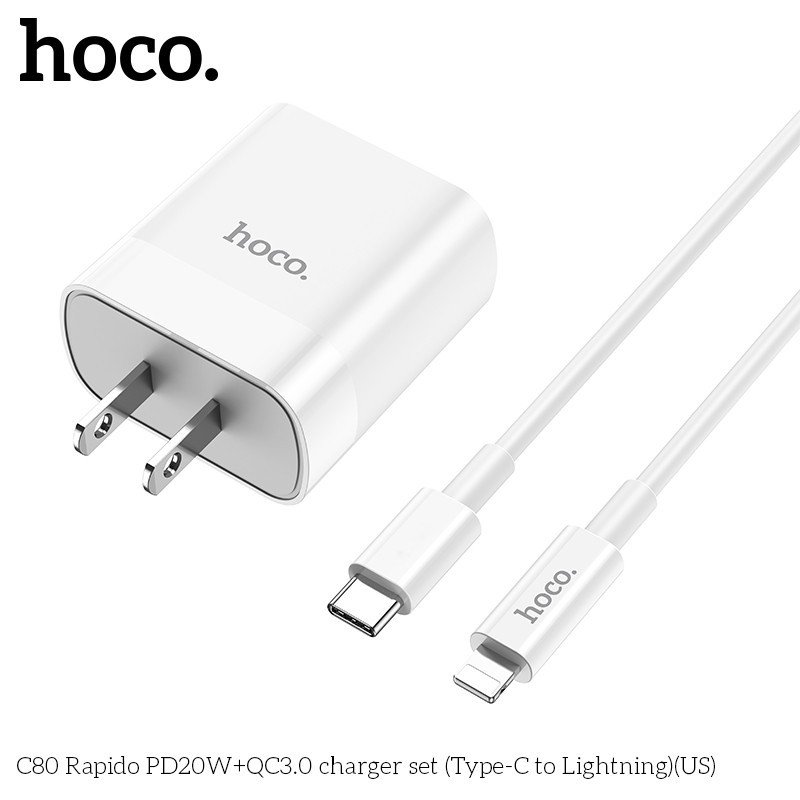 Bộ Sạc Nhanh Dành Cho Hoco. C80 PD20W QC3.0 2 Cổng Type-C + USB-A Kèm Cáp Type-C To IP Dây Dài 1m HÀng Chính Hãng