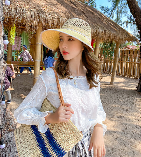 Nón rộng vành thắt nơ thời trang, mũ chống nắng nửa đầu phong cách Hàn