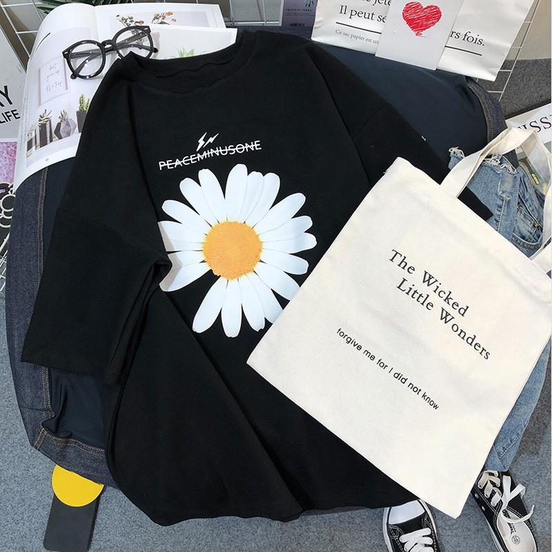 Áo Thun Tay Ngắn Cổ Tròn Hoạ Tiết Hoa Thiết Kế Dáng Rộng Thoải Mái