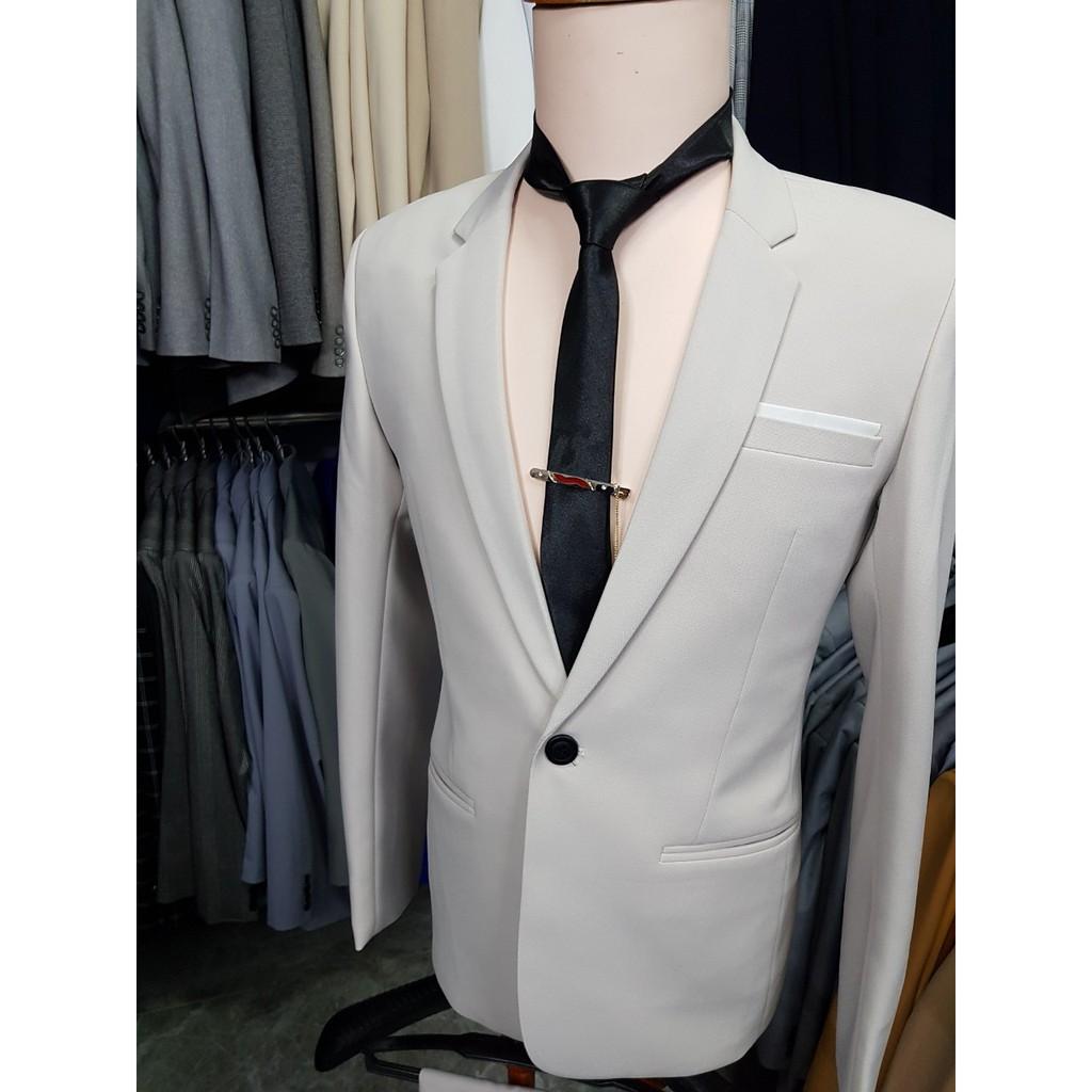 Bộ vest nam ôm body màu nude chất vải dày mịn co giãn tặng cà vạt kẹp