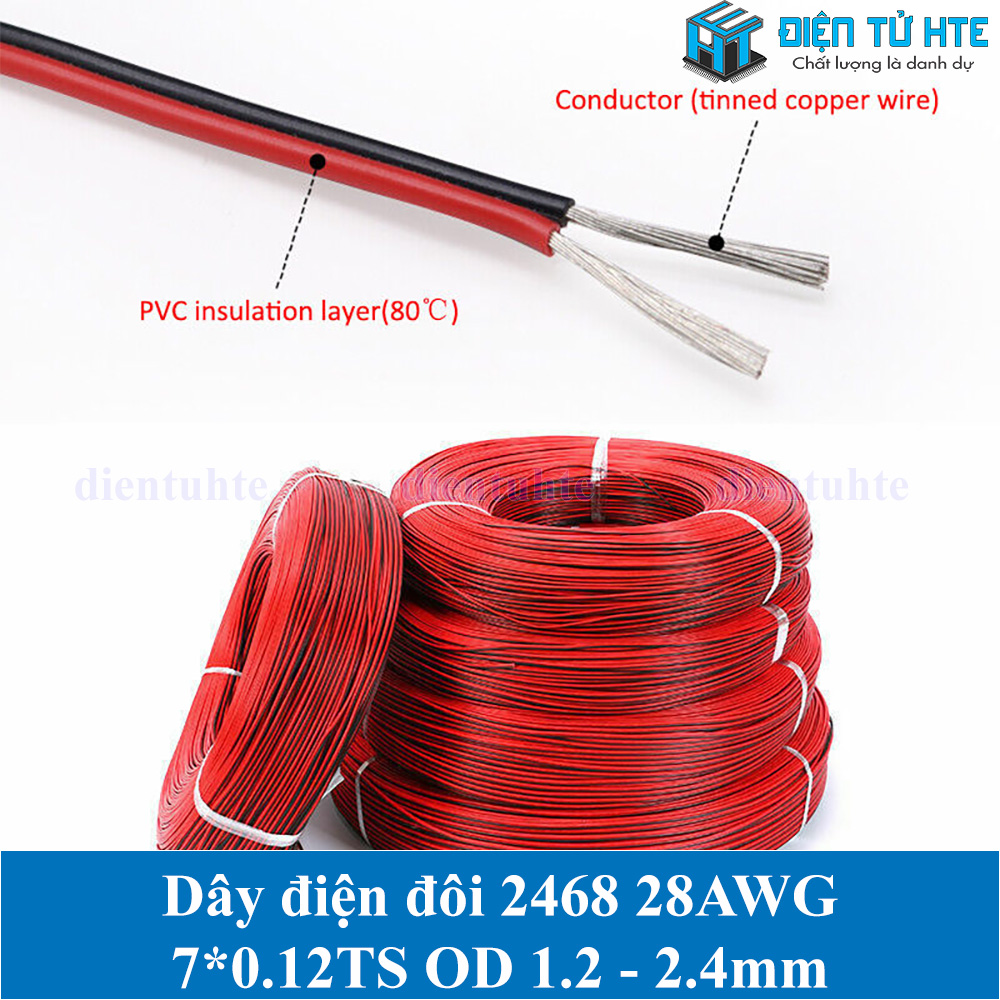 Combo 5 mét Dây điện đôi Đen đỏ 2468 28AWG 7*0.12TS OD 1.2 - 2.4mm