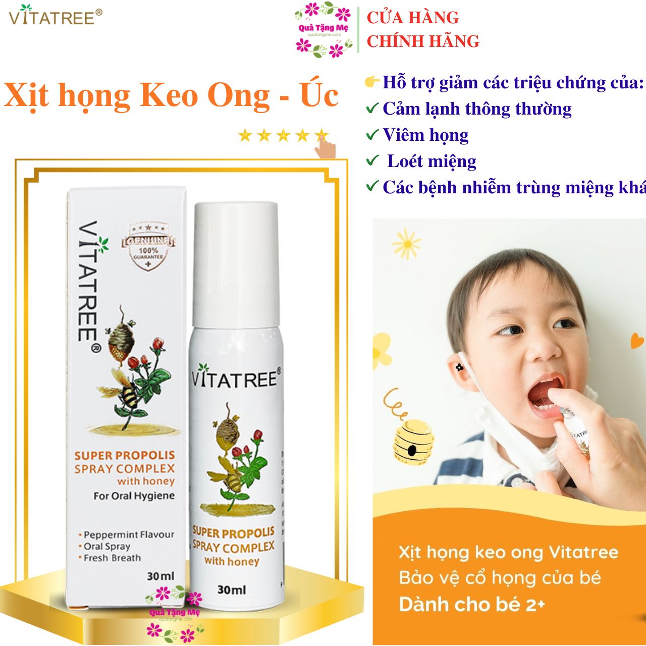 Xịt keo Ong Úc Vitatree Super Propolis Spray Complex tăng đề kháng , kháng khuẩn, Virut, nấm, giảm viêm họng, ho, nhiệt miệng - QuaTangMe Extaste