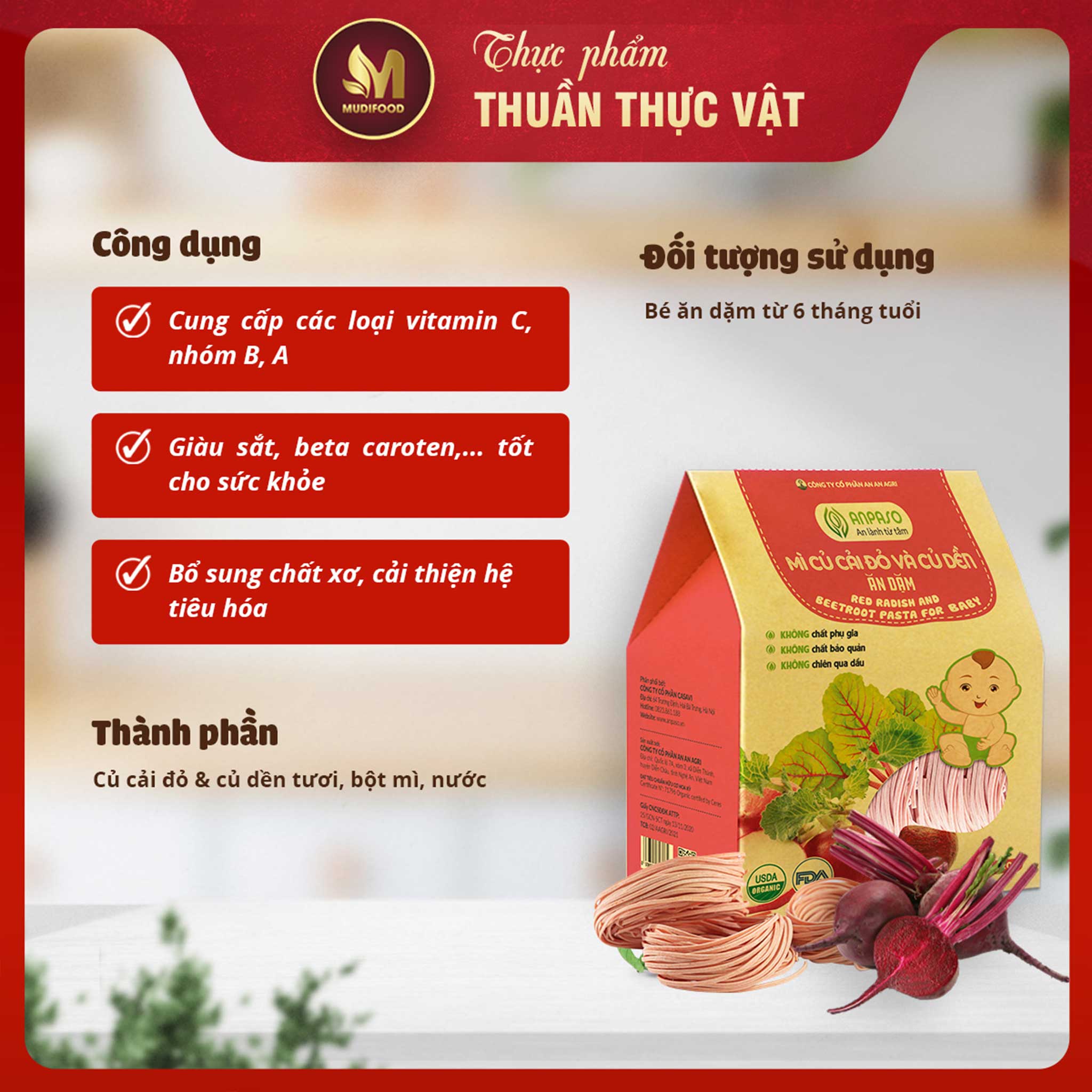 Mì Rau Củ Củ Cải Đỏ Và Củ Dền Ăn Dặm Organic Anpaso Cho Bé Từ 6 Tháng Tuổi 120g/ 300g - Bổ Sung Chất Xơ, Giàu Sắt và Các Vitamin C, Nhóm B, A, Cải Thiện Hệ Tiêu Hóa, Tốt Cho Sức Khỏe Của Bé