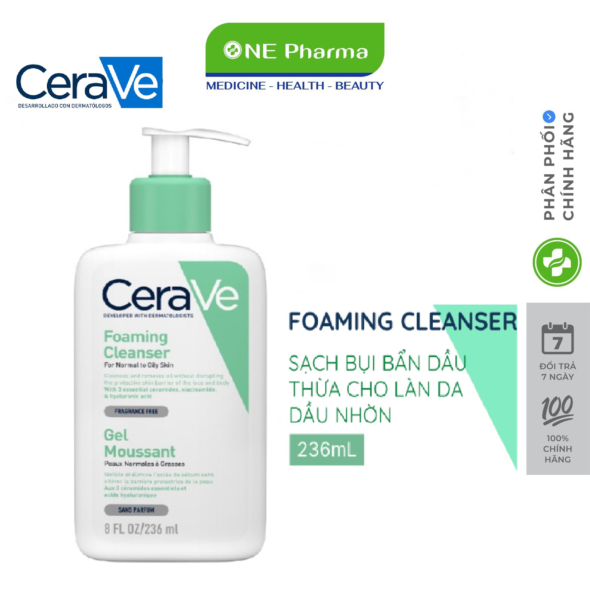 Sữa rửa mặt CeraVe dành cho da thường và da dầu CeraVe Foaming Facial Cleanser 236ml