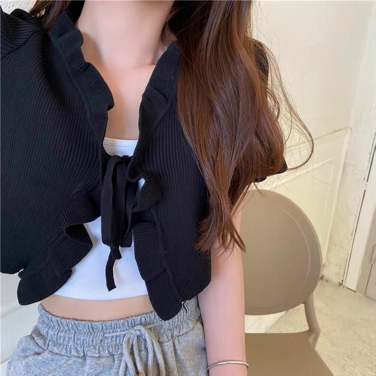 ÁO NỮ CROPTOP THUN GÂN PHỐI BÈO CỘT DÂY