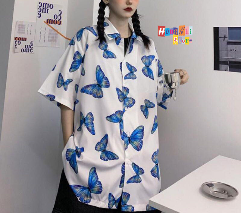 Áo sơ mi hoạ tiết tay lỡ dáng rộng,sơ mi bướm đen tay lửng unisex - mm