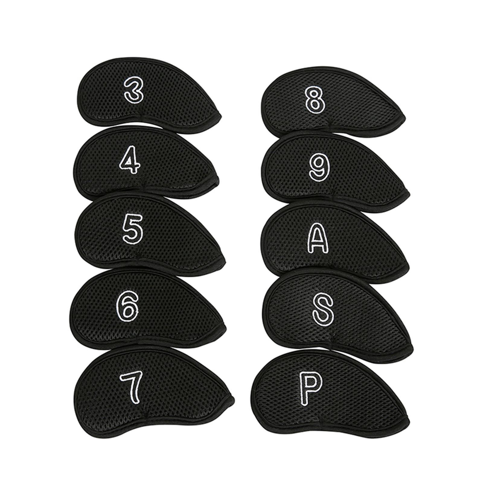 10Pcs/Pack Meshy Golf Iron Head Covers Fit Most Irons Embroidered Black
