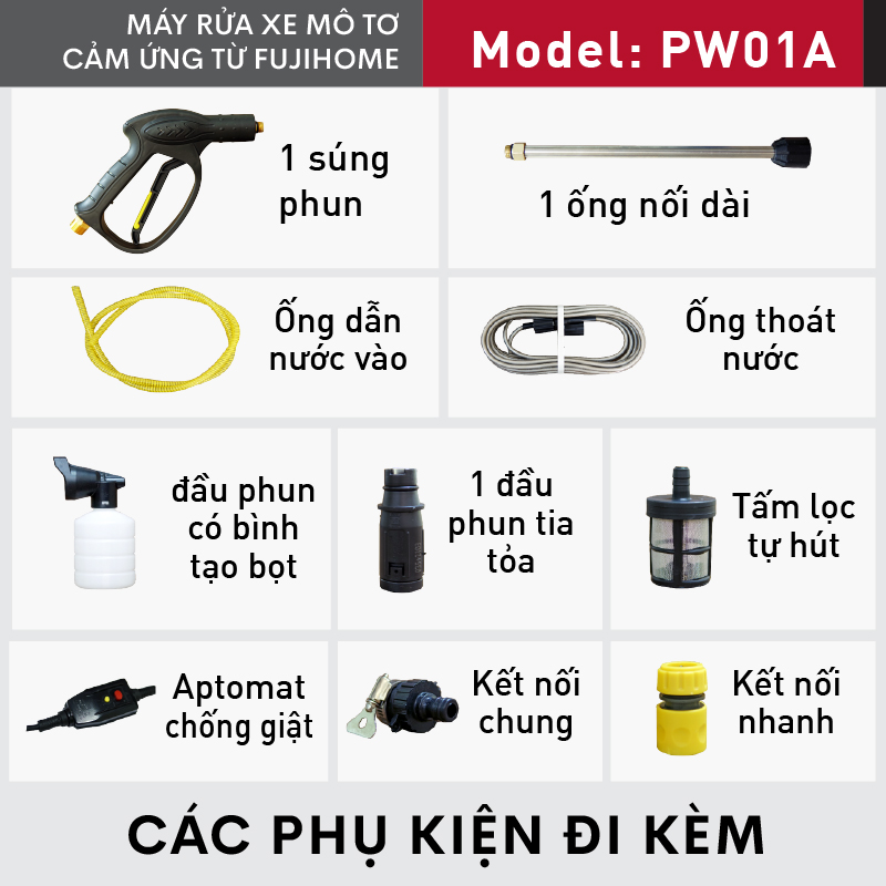 Máy xịt rửa xe gia đình phun áp lực cao mô tơ cảm ứng từ , điều chỉnh áp lực nước, tự hút nước thông minh, chống giật FUJIHOME - Hàng chính hãng