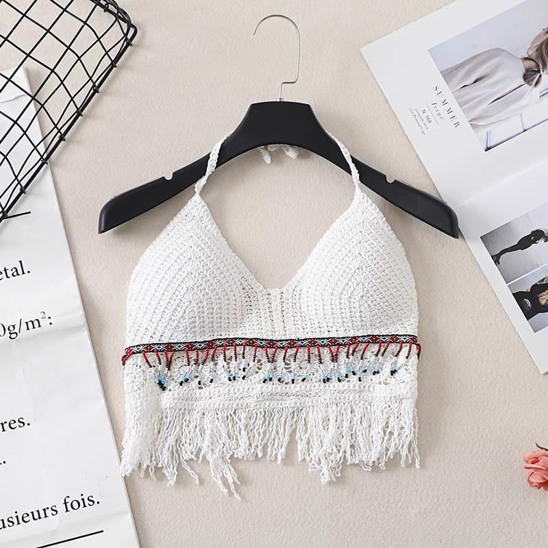 MS865 Áo hai dây đan móc đi biển cổ yếm đính cườm