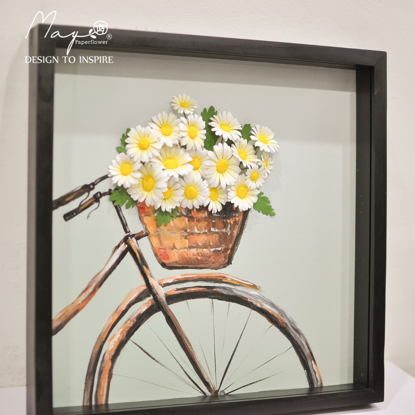Tranh hoa giấy handmde trang trí cao cấp ROMANCE BICYCLE FLOWERS 40x40cm - Maypaperflower Hoa giấy nghệ thuật