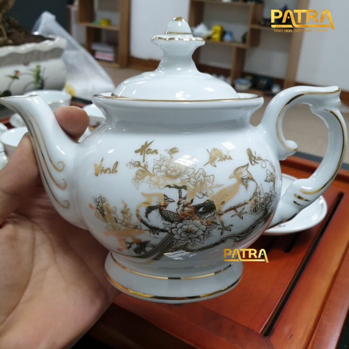 Bộ ấm chén uống trà cao cấp , bộ ấm trà Bát Tràng - vinh hoa phú quý men trắng