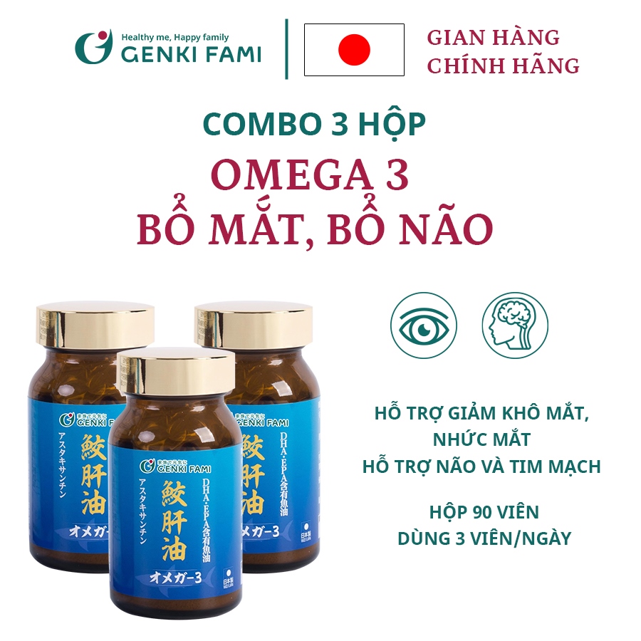 Combo 3 Hộp Dầu Gan Cá Mập Omega 3 Astaxanthin Genki Fami Nhật Bản Bổ Mắt, Bổ Não, Tốt Cho Tim Mạch