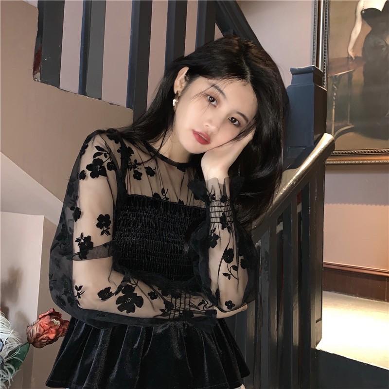 Áo pelum đuôi cá nhung mix sơmi voan hoa