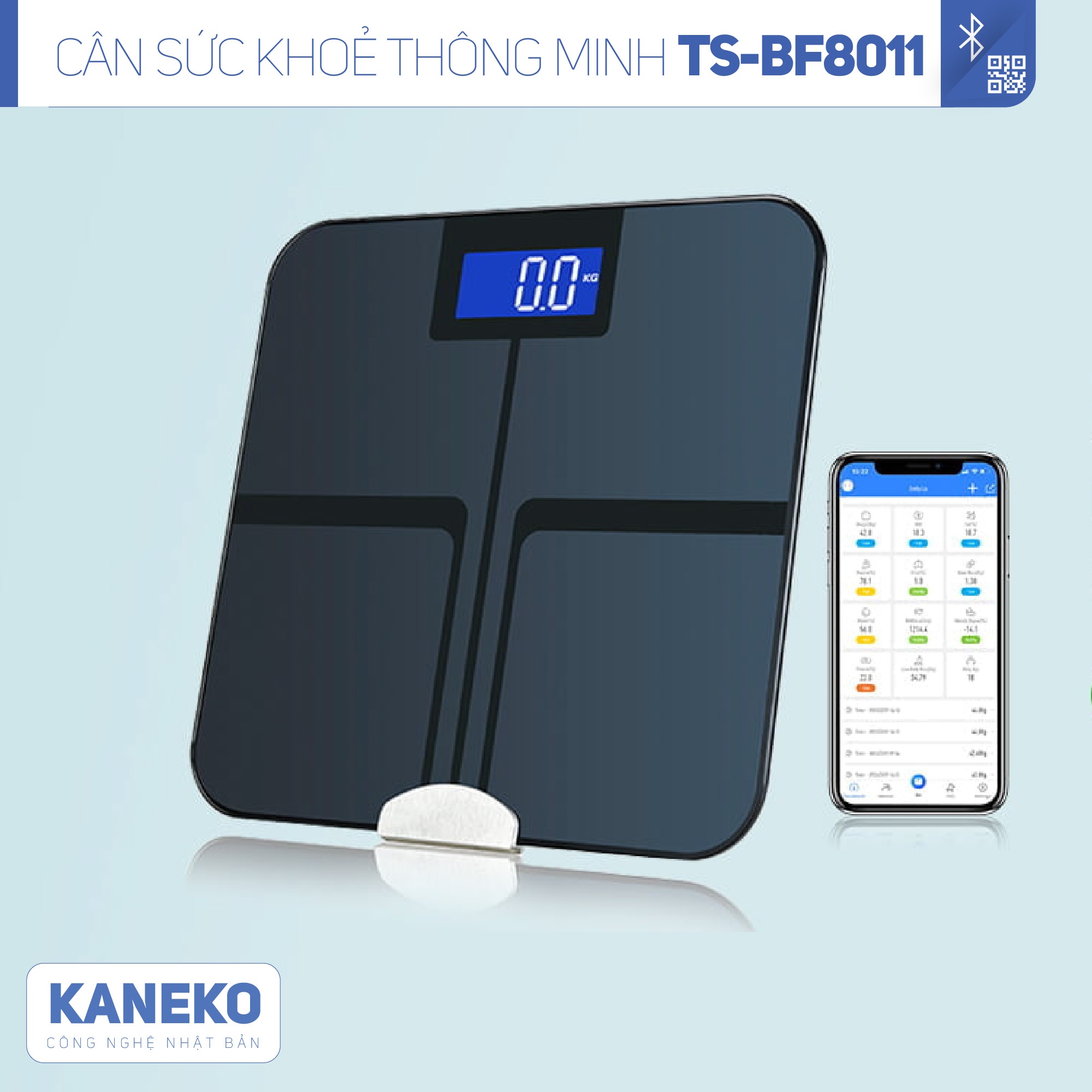 Cân sức khoẻ thông minh điện tử KANEKO TSBF8011,cân phân tích sức khoẻ điện tử,cân sức khoẻ dành cho gia đình,cân điện tử thông minh kết nối bluetooth,cân đo 12 chỉ số cơ thể