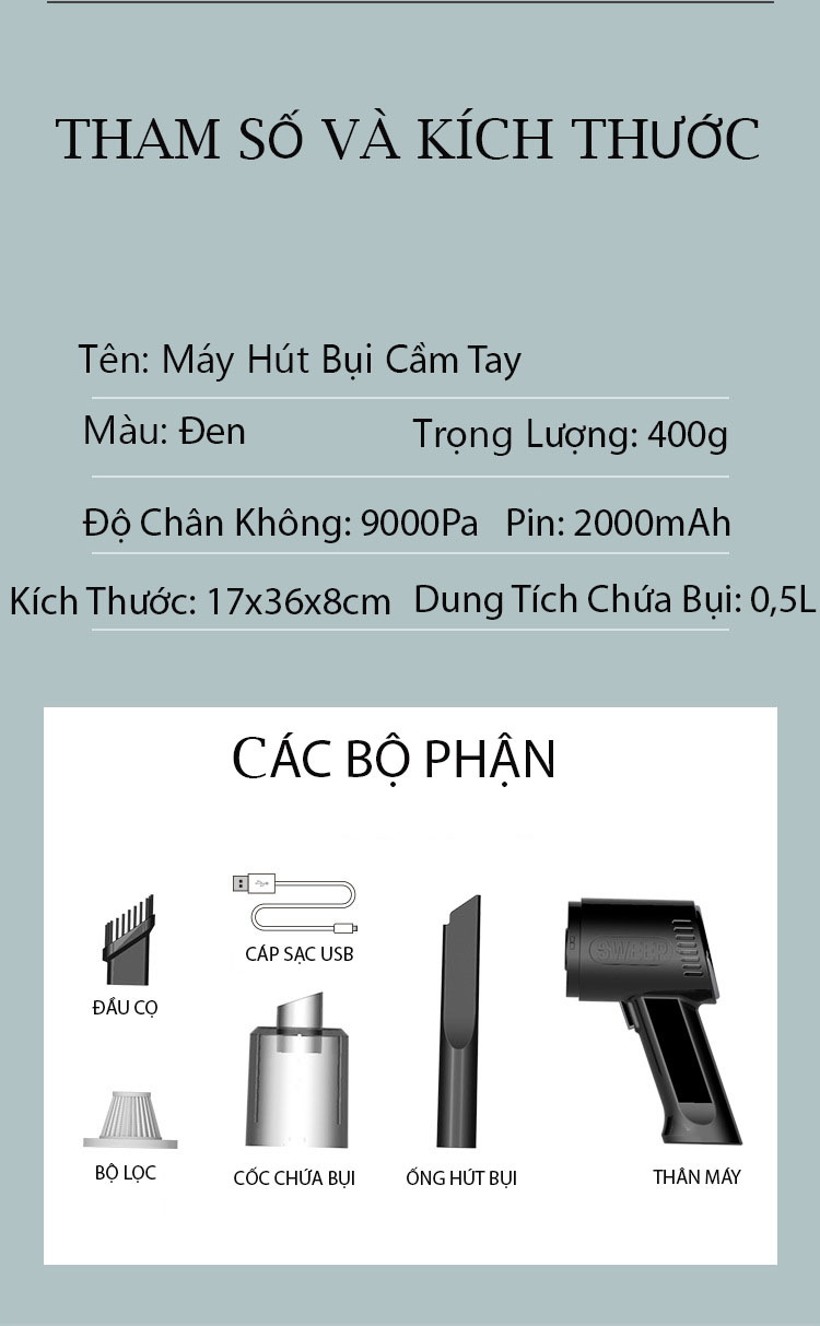 Máy Hút Bụi Cầm Tay Không Dây, Có Đèn Cao Cấp, Lực Hút Lớn 9000PA, Hút Mọi Ngóc Ngách, Khe Hở, Êm Ái Mạnh Mẽ, Sử Dụng Trong Nhà, Ngoài Trời Và Cho Ô Tô