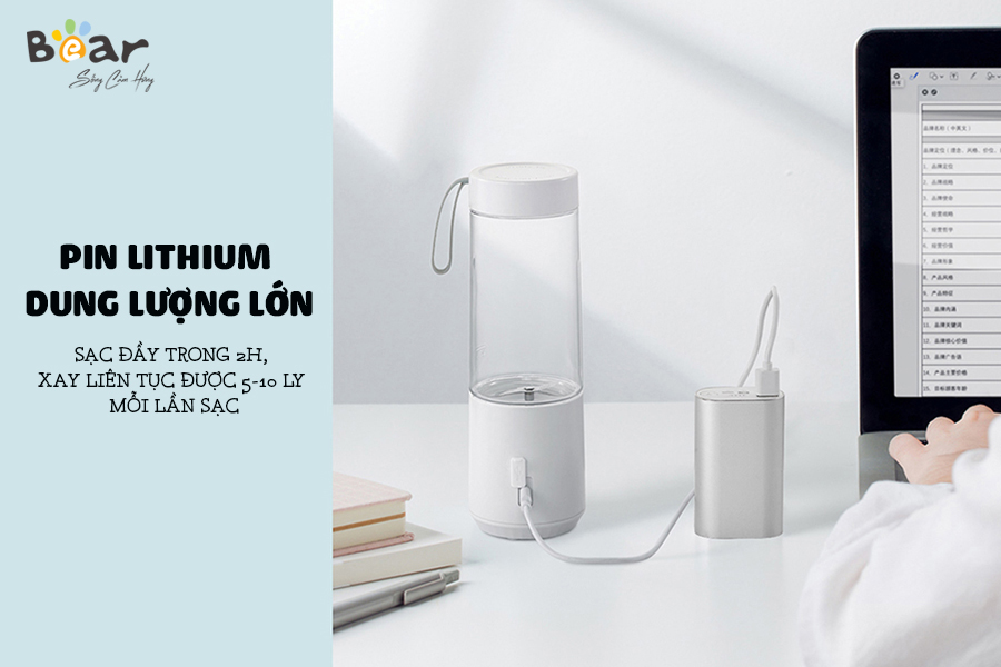 Máy Xay Sinh Tố Mini, Máy Xay Sinh Tố Cầm Tay BEAR BL-B35V1 Sử Dụng PIN Sạc Dung Tích 350 ML, Công Suất 50 W - Hàng Chính Hãng