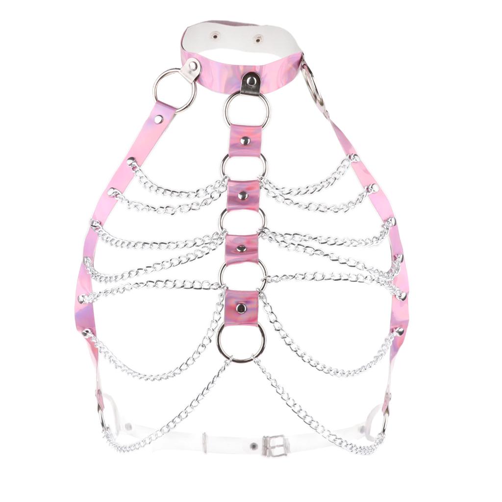 Women PU Leather Adjustable Body Chest Harness Belt Choker Necklace