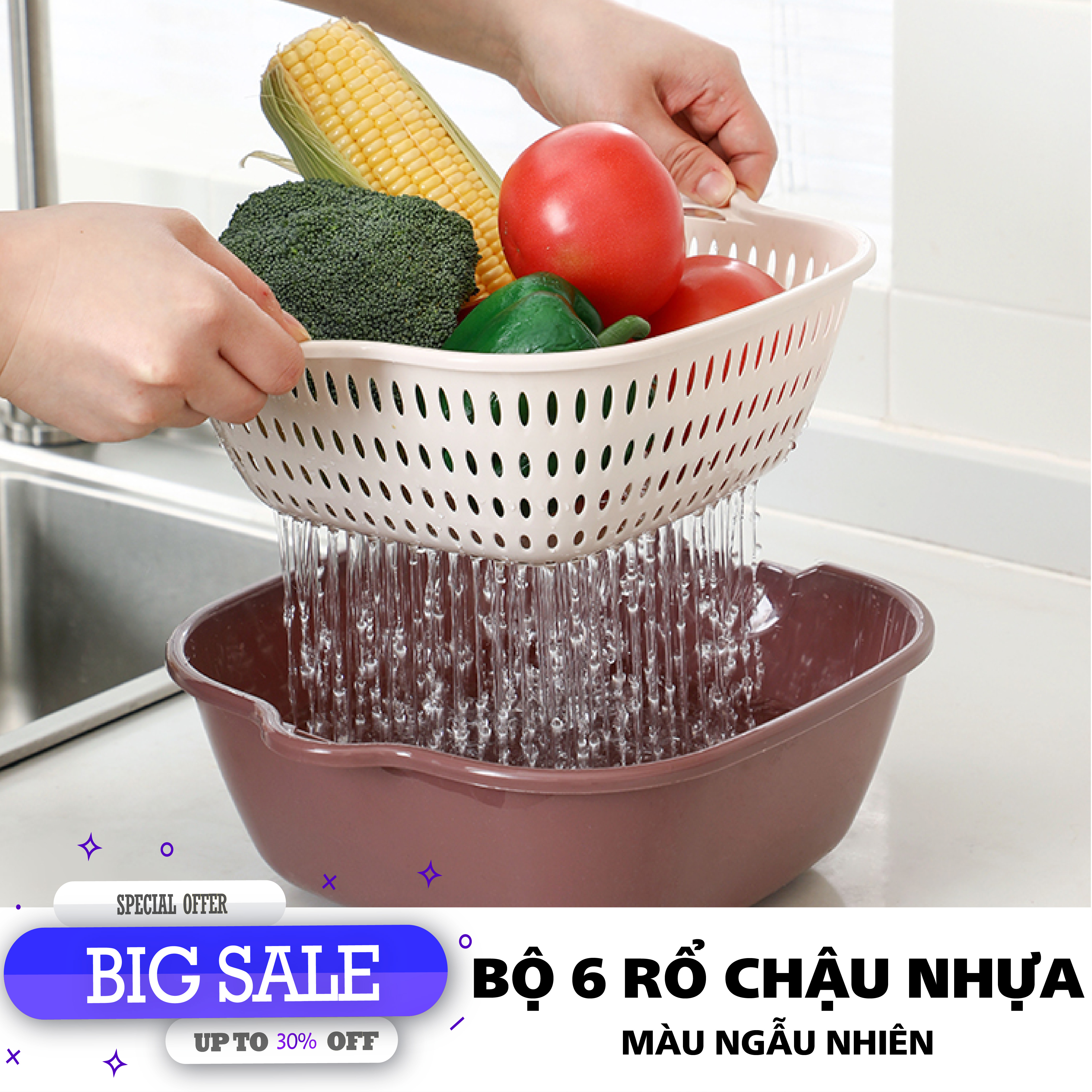 Bộ 6 rổ nhựa kèm chậu tiện lợi, kiểu dáng bắt mắt gọn gàng, vô cùng tiện lợi cho gian bếp của mọi gia đình