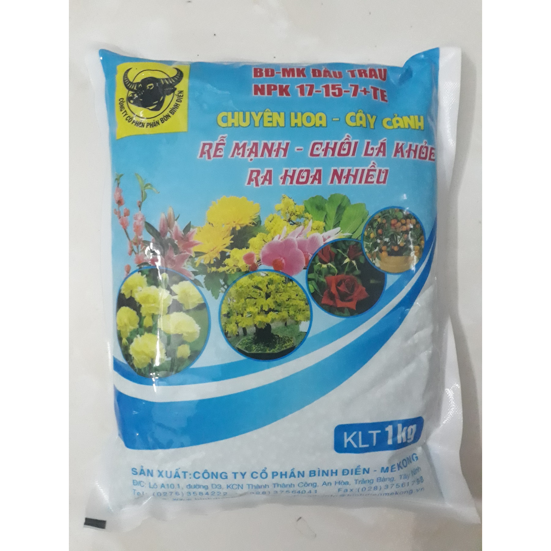 Phân bón đầu trâu MK NPK 17-15-7+TE cao cấp gói 1KG chuyên hoa - cây cảnh