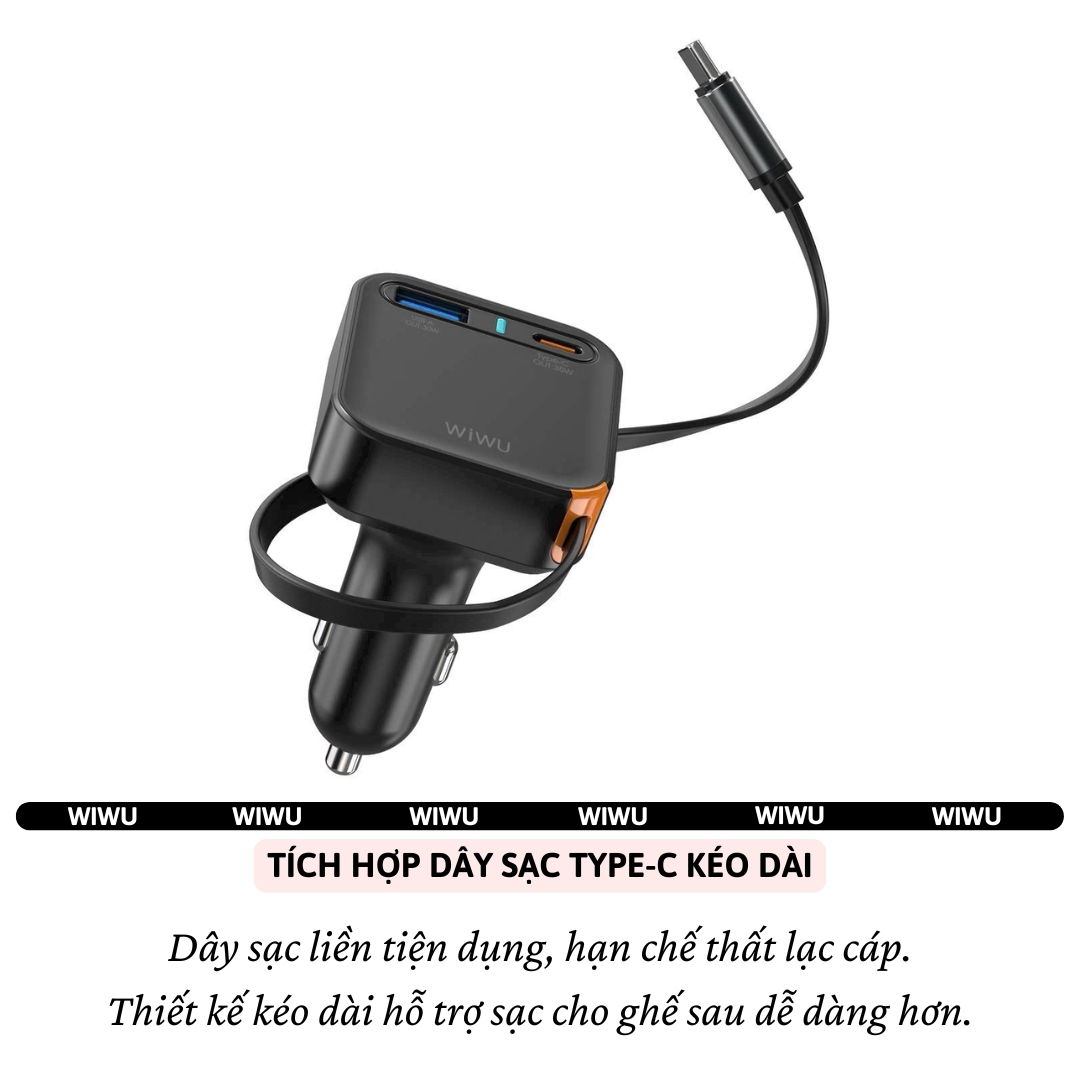 Tẩu củ sạc nhanh PD 65W cho xe hơi ô tô PD3.0 Type-C + 1 USB-A QC3.0 kèm dây sạc rút Type-C 66cm hiệu WIWU Helix cho iphone 17 16 15 iPad pro air Gen Vivo Oppo samsung Macbook - Trang bị chip Ai điều chỉnh dòng, Chống cháy, hợp kim nhôm - Hàng nhập khẩu