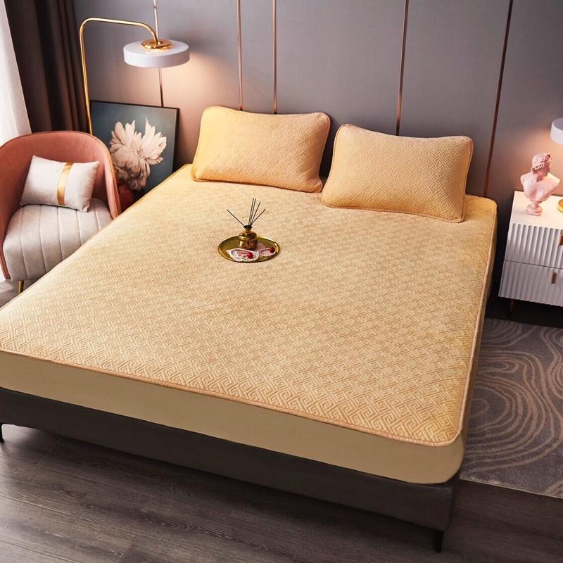 Bộ Ga Gối Trần Bông Nỉ Nhung Hoạ tiết chữ Vạn cao cấp, thảm ga nỉ nhung dùng mùa đông ấm áp
