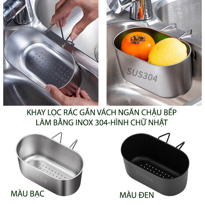 Khay lọc rác lọc đồ thừa gắn vách ngăn chậu rửa bát đôi, làm bằng inox 304 (I304P2