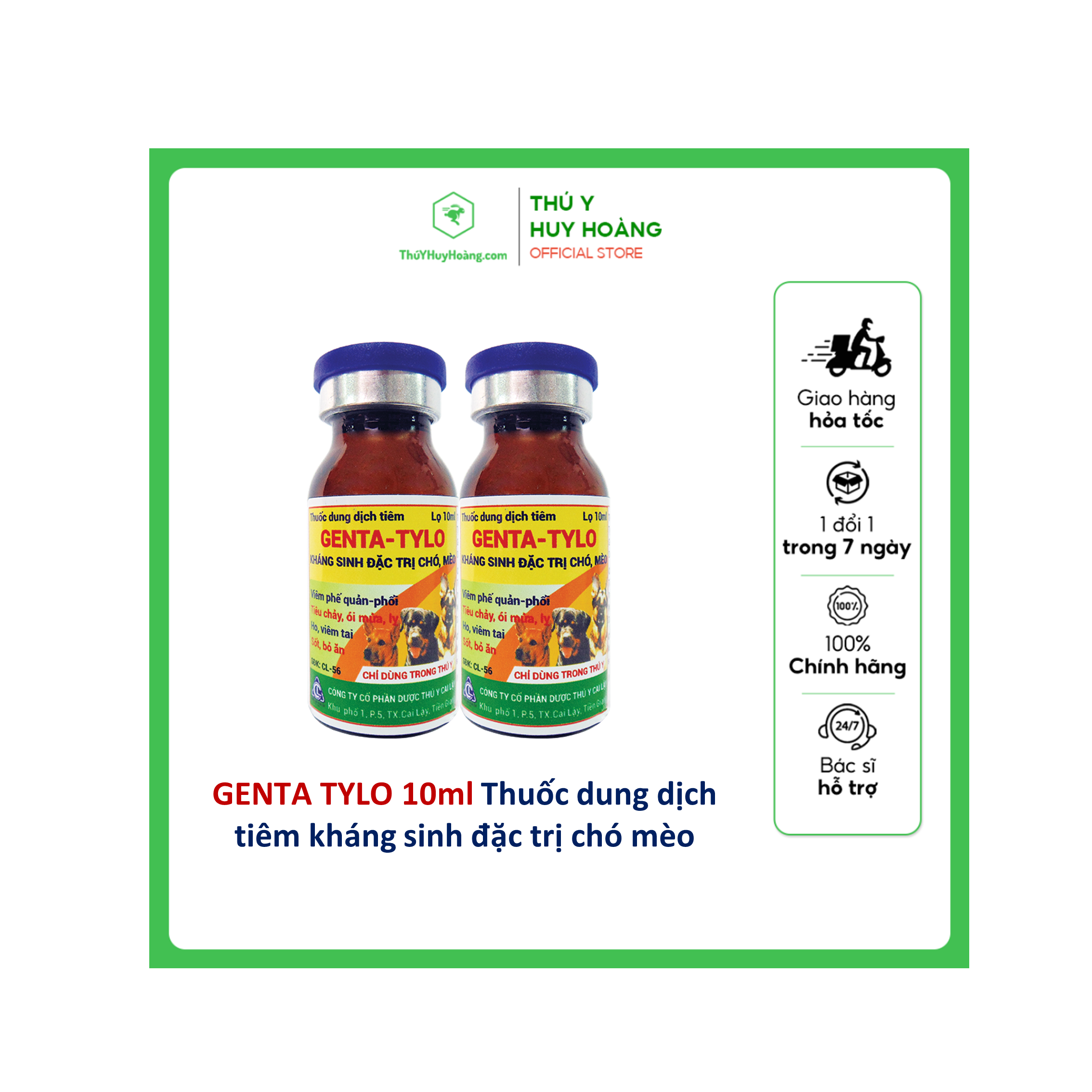 Thuốc dung dịch tiêm GENTA-TYLO các bệnh nhiễm trùng trên chó, mèo như: viêm phế quản phổi, tiêu chảy, ói mửa, lỵ, ho, viêm tai, sốt, bỏ ăn.