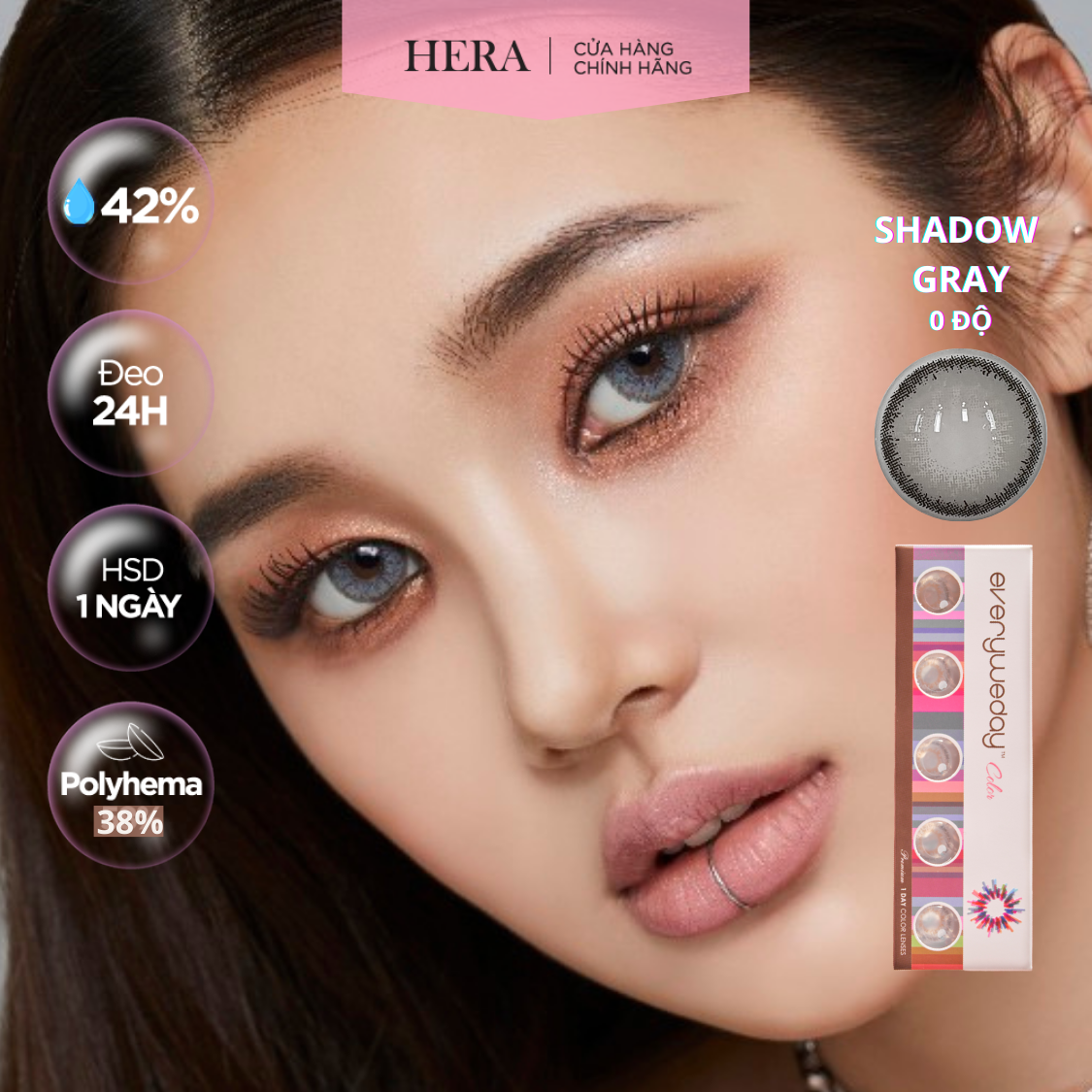 Kính Áp Tròng Hera Xám Tây Viền Đen Không Độ SHADOW GRAY Nhập Khẩu Hàn Quốc Lens Không Cận 1 Ngày