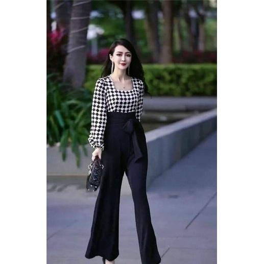 JUMPSUIT LỤA PHỐI CARO TAY PHỒNG CAO CẤP
