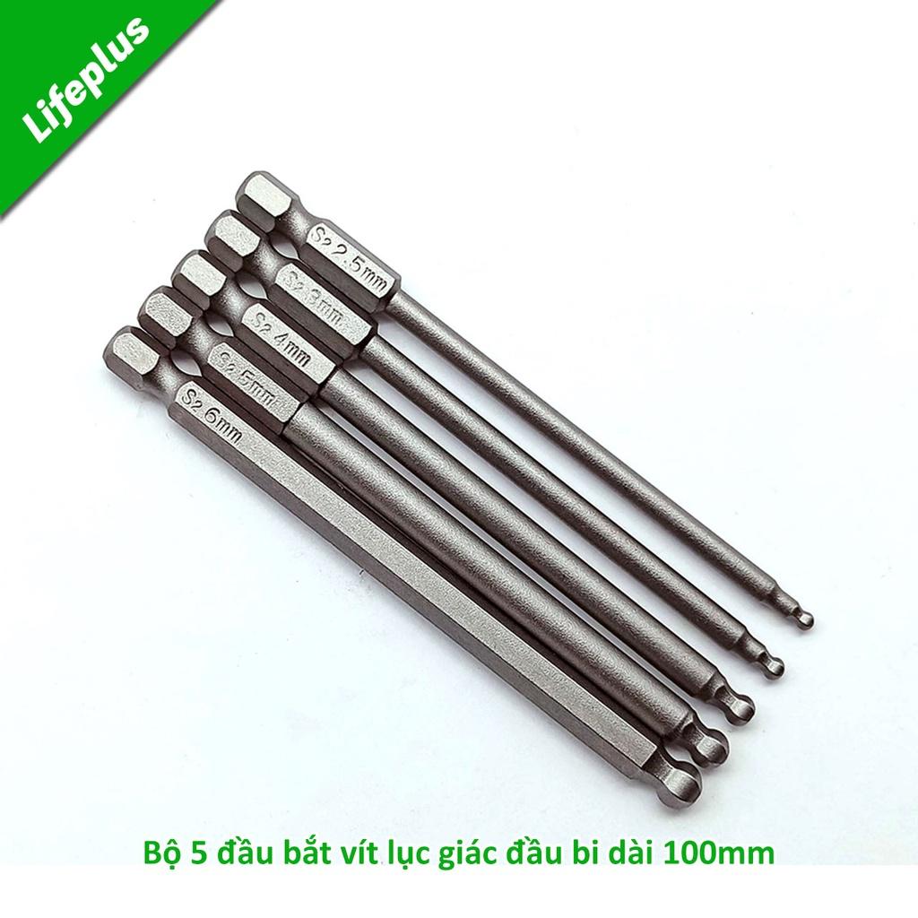 Vỉ 5 đầu bắt vít lục giác bi chuôi lục thép S2 Φ2.5 - Φ6.0 dài 100 mm