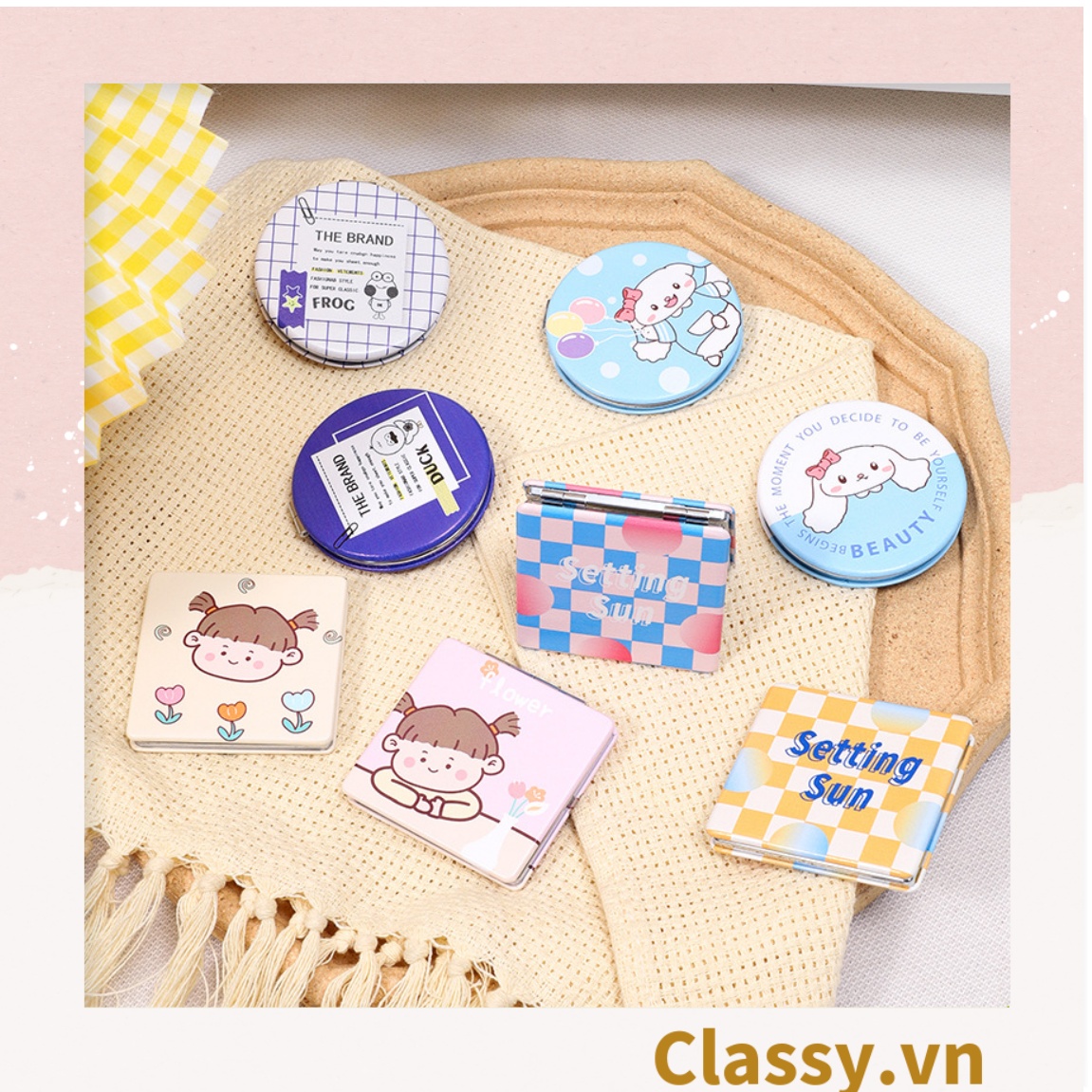 Gương trang điểm cầm tay mini 2 mặt bỏ túi, Gương cầm tay mini Hàn Quốc siêu cute, Gương hoạt hình PK570