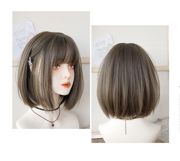 Hình ảnh ( tặng kèm lưới và lược, 2111 ) tóc giả nữ nguyên đầu cup ngắn, tóc giả bộ cả đầu mái thưa vic ngắn có rãnh da đầu