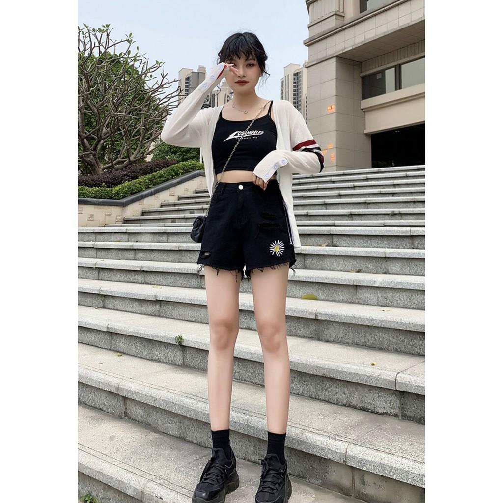 Quần short jean nữ Big Size lưng cao trên rốn, co dãn mạnh, in hoa cúc đang hot 3453