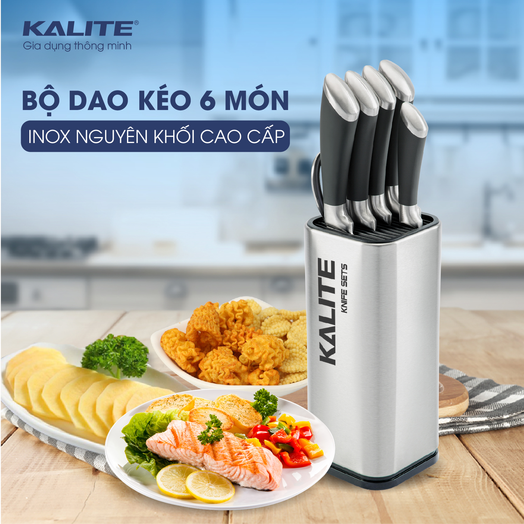 Bộ dao kéo inox 7 món Kalite KL 191, gồm 5 dao 1 kéo và ống cắm dao, hàng chính hãng