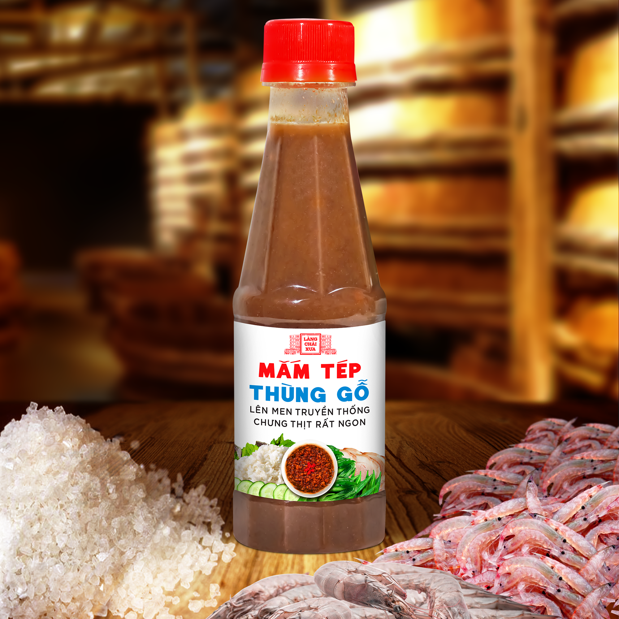 Mắm tép thùng gỗ Làng Chài Xưa chưng thịt rất ngon, lên men truyền thống chai 260g