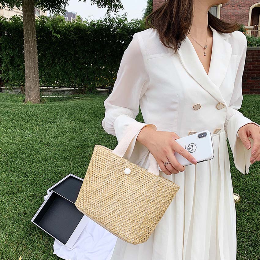 Túi xách nữ dễ thương NASI T1045 vải cói pu cầm tay đẹp túi tote đeo vai có nút bấm thời trang cho nữ công sở, học sinh