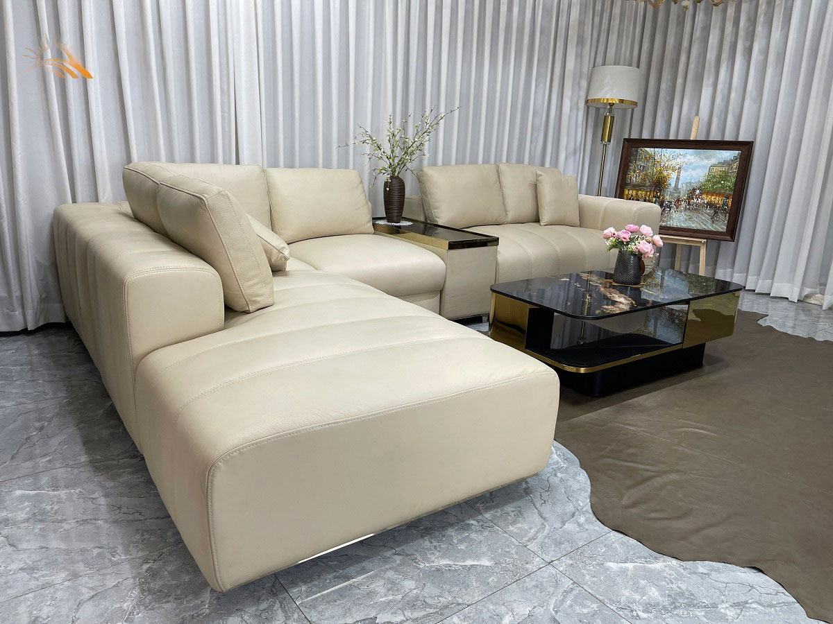 Sofa góc L 100% da bò Italy Juno sofa màu kem – SFLCT26 3m5 x 2m4 hàng cao cấp chuẩn da bò nhập khẩu Ý