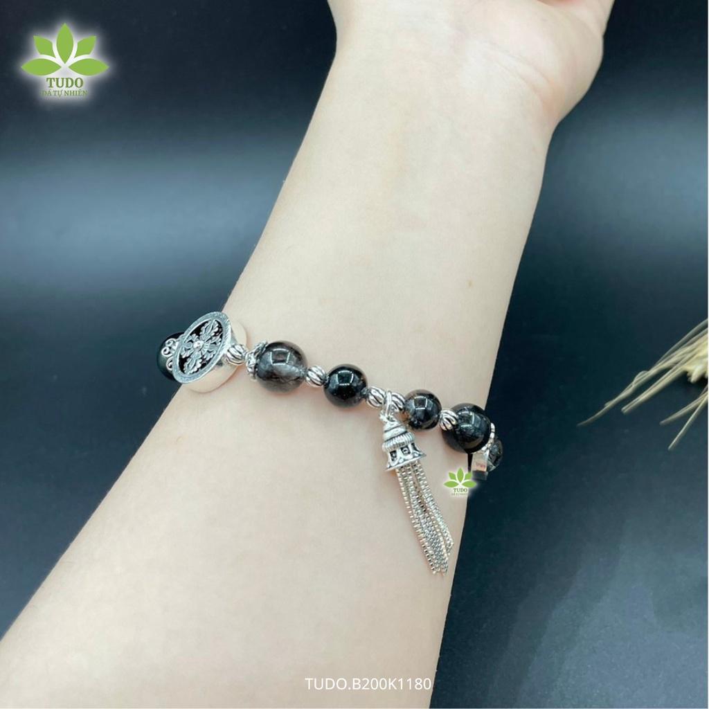 Vòng Tay Nữ Đẹp - Vòng Phong Thủy Mệnh Thủy Mộc TUDO B200K1180 VCBTATDEN đen, Charm Bạc Tua Rua, Bánh Xe Pháp Luân