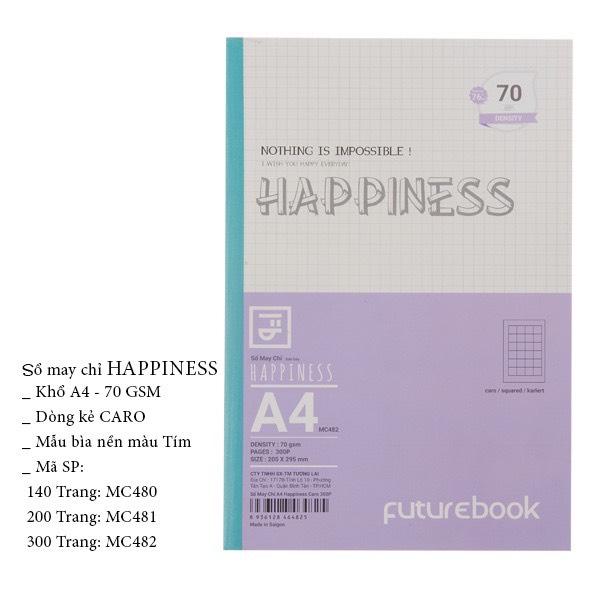FUTUREBOOK-Sổ May Chỉ Dán Gáy Happiness A4_Dòng Kẻ Caro–Định Lượng 70 Gsm. 140Tr_200Tr_300Tr