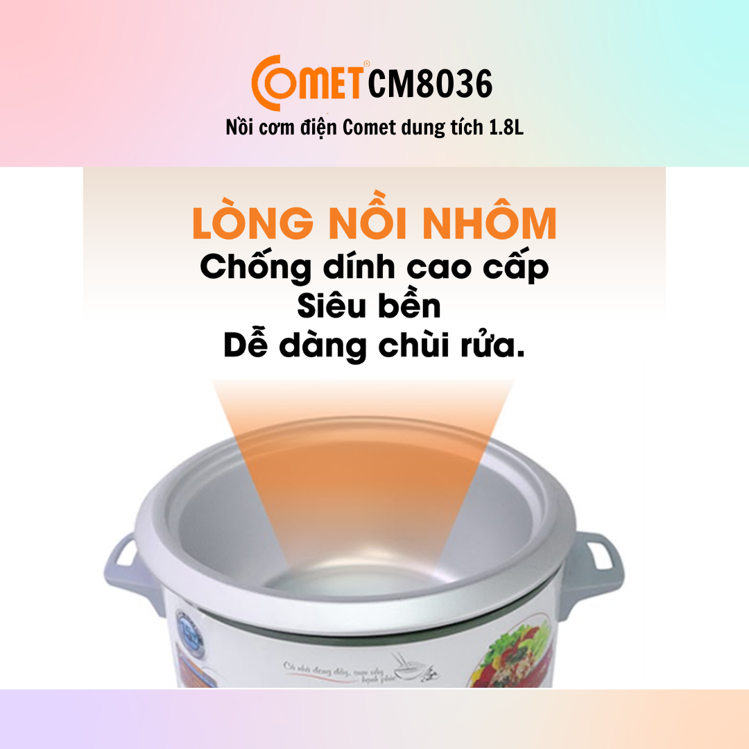 Nồi Cơm Điện Comet CM8036 (Dung tích 1.8L) - Hàng Chính Hãng - Bảo Hành 12 Tháng