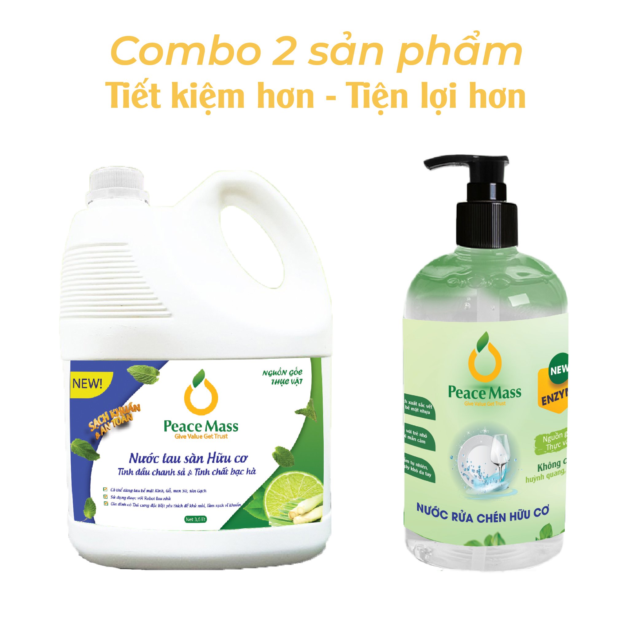 Combo Sản Phẩm Gốc Thực Vật LSB1 Peace Mass - Nước Lau Sàn TD Chanh Sả - Bạc Hà 3.6l + Nước Rửa Chén 500ml (Thuộc nhóm Sản phẩm Lành tính / Hữu cơ)