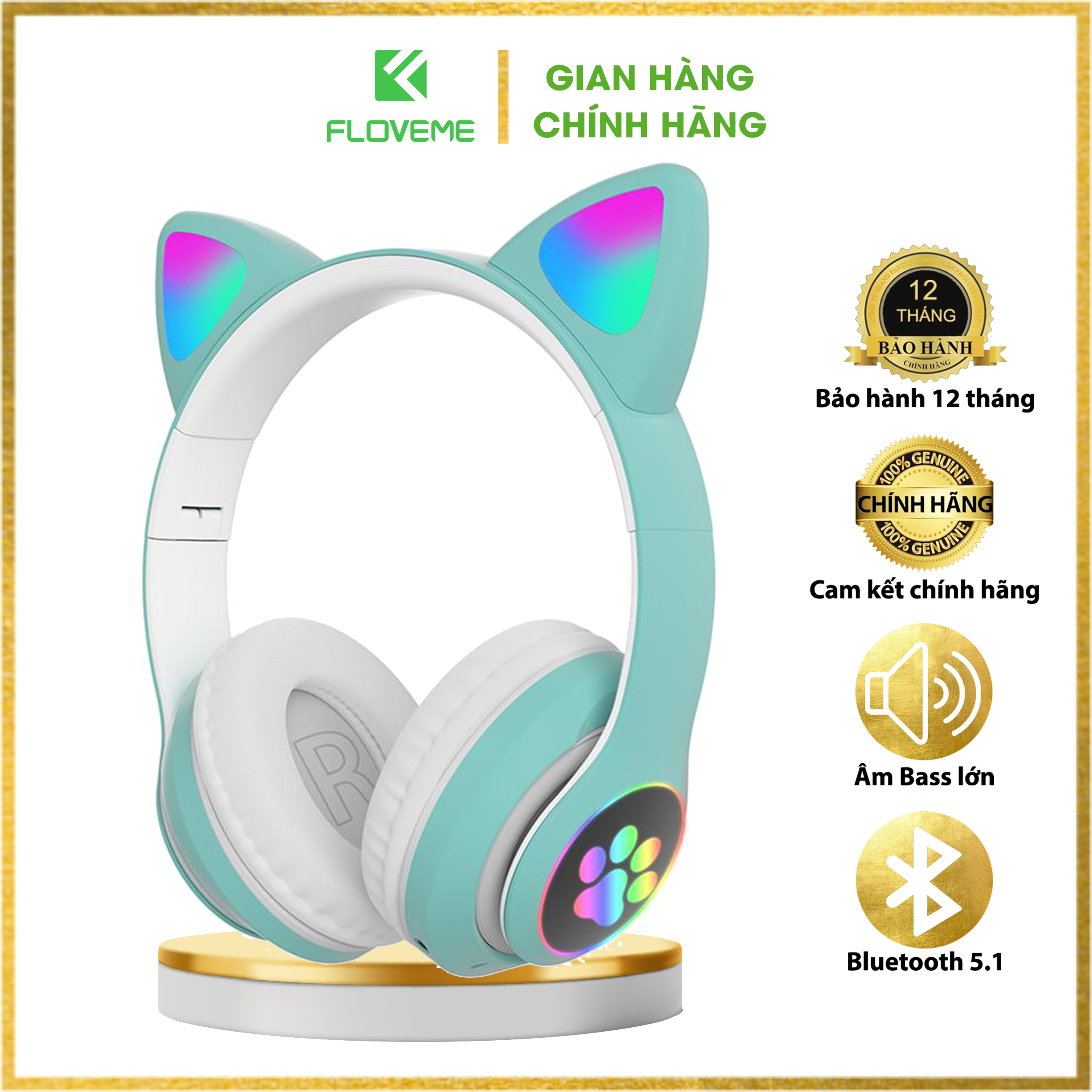 Tai nghe mèo FLOVEME VZV 23M – Có đèn led – Kết nối bluetooth 5.0 - headphone có micro – hỗ trợ điều chỉnh âm lượng – Có cổng AUX - Hàng chính hãng