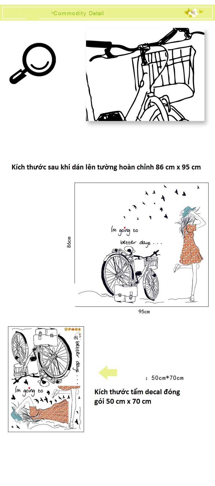 Decal dán tường xe đạp và cô gái lãng mạn