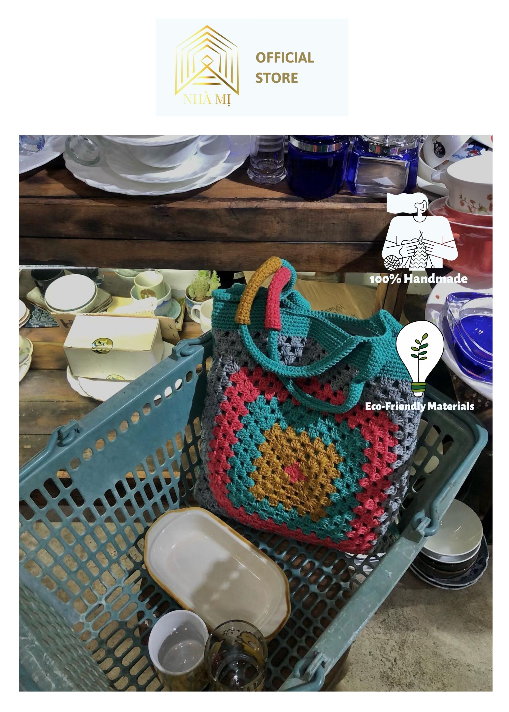 NHÀ MỊ - Túi handmade Len Đan Móc Thủ Công - Floral Gingham Crochet Bag